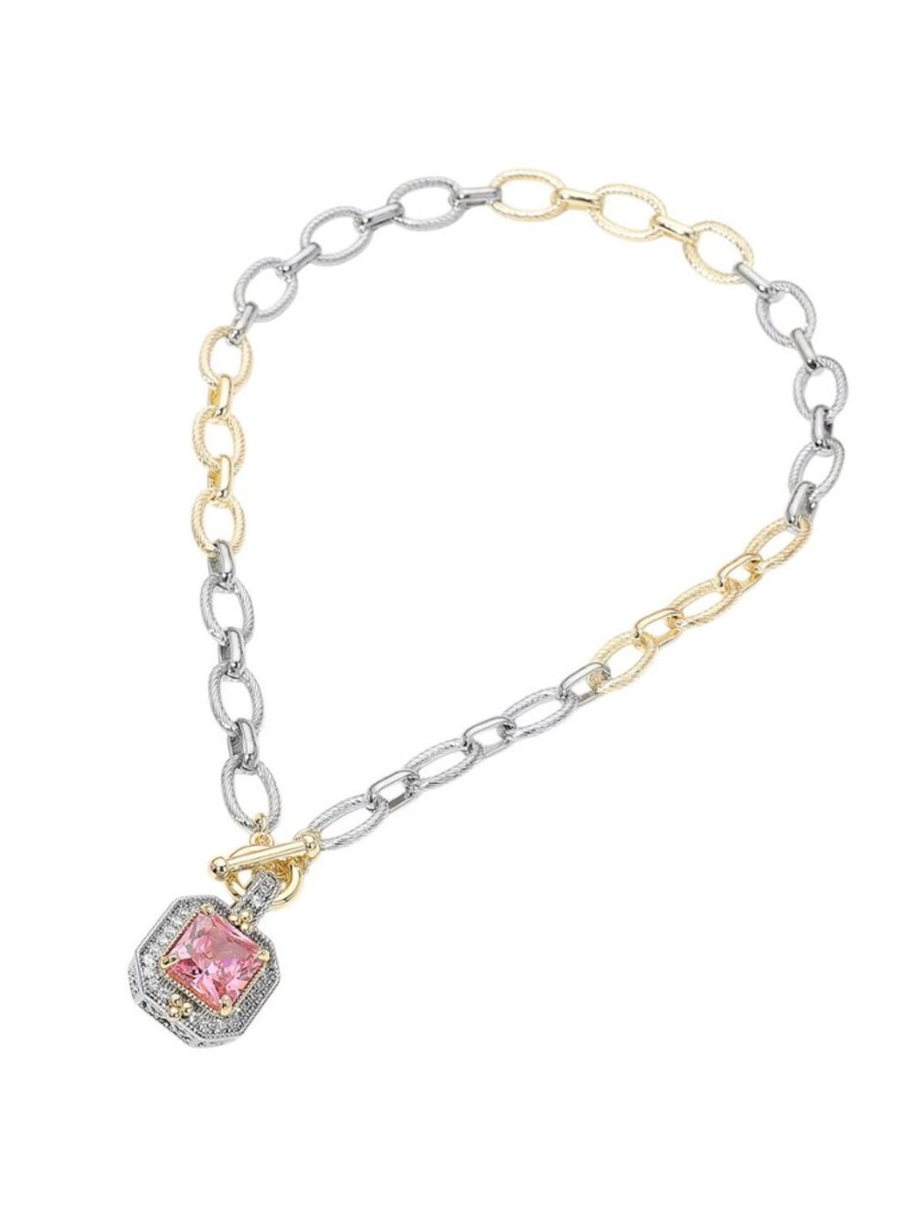 Tigerstars Two Tone Chunky Rose Square CZ Pendant Toggle Necklace